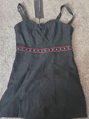 Black Lace-Up Strap Dress with Red Trim
